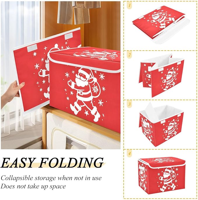 Santa Claus Fabric Storage Bins with Lid Foldable Storage Boxes 40L Baskets | Decorative Storage Boxes, 300D Oxford Cloth, Hollow Board Frame, Flip Top Velcro Lid, 16.5x12.6x11.8 inch, Collapsible Design