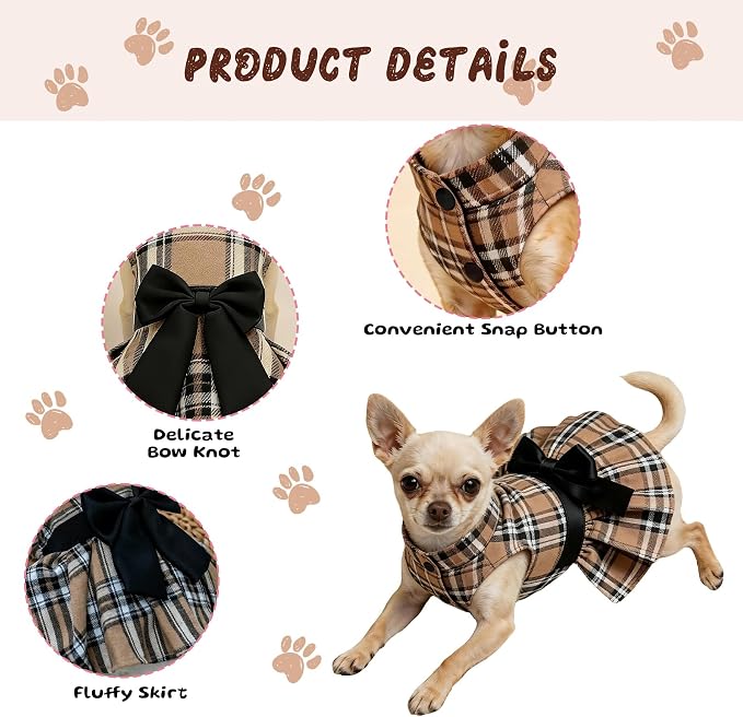 Classic Plaid Dog Dress with Bow Tie for Small Dogs Cats Girls, Cute Puppy Dresses Clothes with Bowknot Chihuahua French Bulldog Pet Apparel Outfits (Chestnut Brown, XX-Small)
