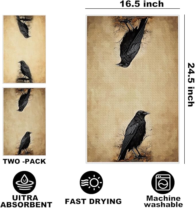 Hanamiya Na 2Pcs Vintage Raven Kitchen Towels, Dark Aesthetic Decorative Absorbent Microfiber Dish Cloth Tea Towel, Durable Hand Towels for Farmhouse Home Bathroom Kitchen, Crow Gifts