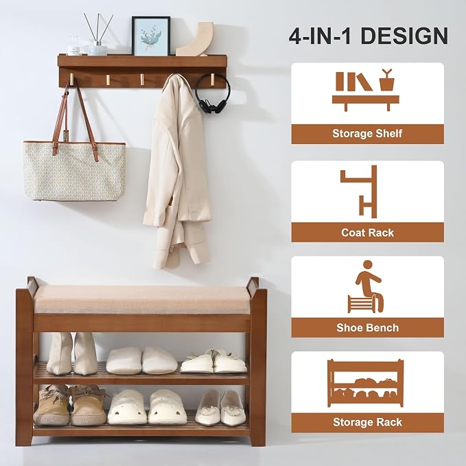 PETKABOO Shoe Rack for Front Door Entrance, 28” Entryway Bench with Coat Rack, Hall Tree Shoe Bench with Storage for Entry, Hallway, Bedroom, Living Room