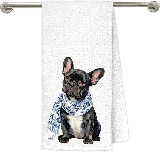 Chinoiserie Black French Bulldog Kitchen Towels 16x24 in, Black French Bulldog Gifts, Grandmillennial Scarf Frenchie Dog Decorative Hand Tea Dish Towels for Bathroom Kitchen