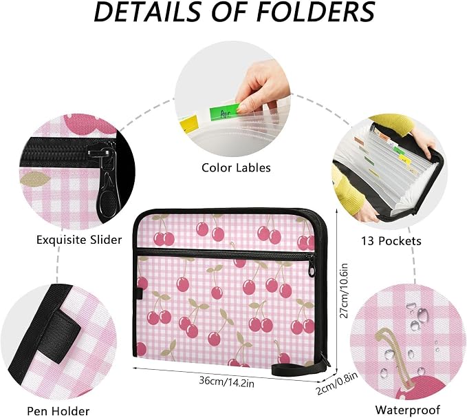 Cute Pink Cherry Berries Checkered File Organizer 13 Pocket Expanding File Folder with Front Pouch Portable Business Fire Storage Document Organizer Folder with Zipper