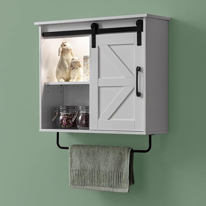 23" Bathroom Wall Cabinet with Sliding Door, Towel Bar & LED Light | 3-Tier Adjustable Shelves, Rechargeable Motion Light and Space-Saving Over-Toilet Storage for Bathroom, Laundry Room, Kitchen