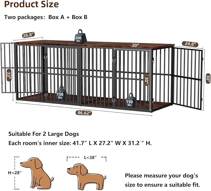 VOWNER 86.7" Double Dog Crate Furniture for 2 Large Dogs, Rustic Brown | Heavy Duty Wooden Dog Kennel with Removable Divider, XXL Dog Cage TV Stand End Table with 4 Doors, Double Locks for Each Door