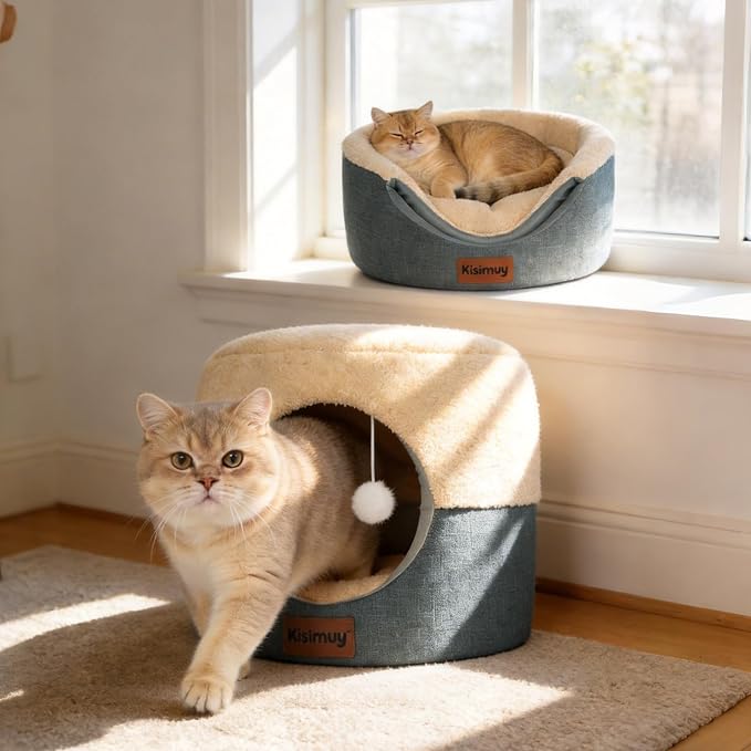 2-in-1 Foldable Cat Bed for Indoor Cats, Cat Cave & Sofa Bed | 17.7"D x 13.8"H, Reversible Plush & Linen Cushion,Enclosed Cat Bed, Hanging Cat Toys, Non-Slip, Small Dog Bed, Grey