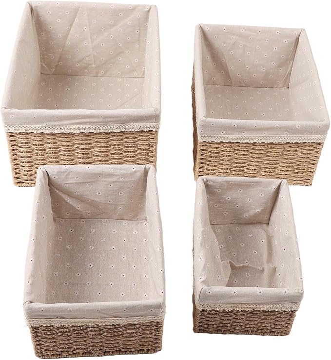 Tissting 4-Piece Woven Straw Baskets Set, Multiple Sizes - Versatile Storage Organizers for Bedroom, Bathroom, Office, Laundry, with Handles for Easy Carrying