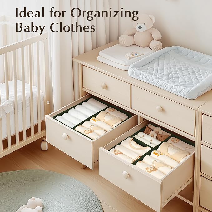 DIMJ Drawer Organizers Clothes, Set of 8 Dresser Organizer Bins, Fabric Closet Organizers and Storage, Shallow Drawer Dividers for Nursery, Clothing, Baby Clothes, Socks, Underwears, Tie (Green)