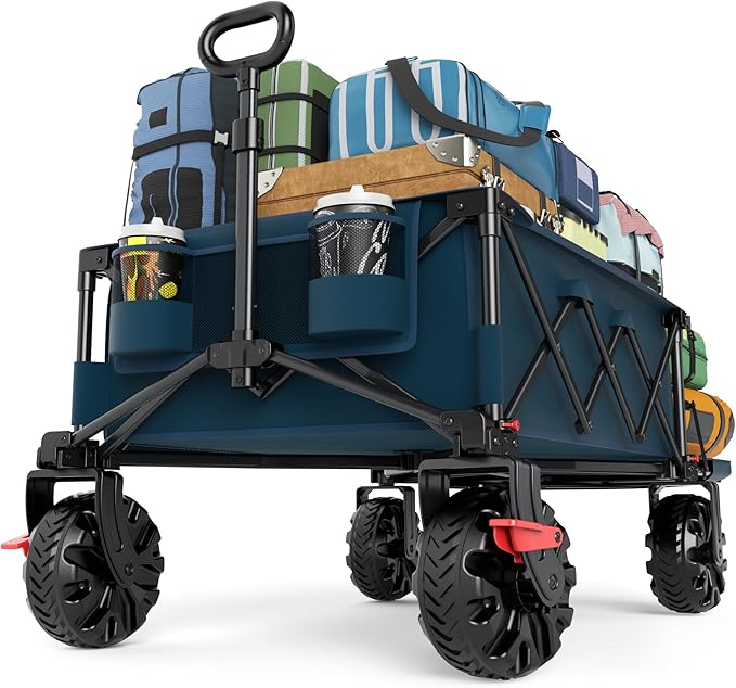 TIMBER RIDGE 600L Beast Wagon 26" W Extra Wide All Terrain Folding w/Big Wheels, Cargo Net & Tailgate, 26" W and 54.5" L, 400lbs Heavy Duty Collapsible Portable Cart for Camping, Sports, Dogs, Blue