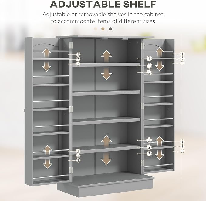 HOMCOM 41" Kitchen Pantry Storage Cabinet 12 Door Shelves Double Doors Gray | Freestanding Kitchen Cabinet, 2 Doors, 5-Tier Shelving, Adjustable Shelves