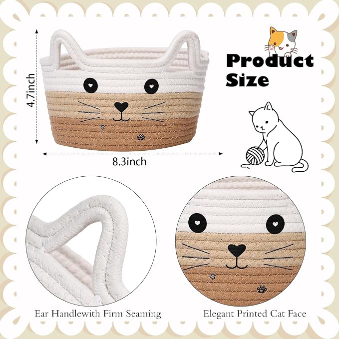 Zopeal Cat Woven Gift Basket Storage,8.3 x 4.7 Inch,Tan Gradient | Cute Cotton Rope Organizer with Handles for Toy Box, Nursery Decor, Decorative Bin, Pet Supplies Holder, Desk Storage