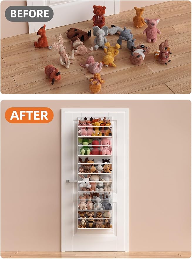 Over the Door Organizes- 6 Tier Stuffed Animal Storage, Hanging Organizer for Toys/Plushies, Back Door Organizers and Storage Holder Bag for Bathroom Nursery Newborn Baby Essential Stuff (Clear)