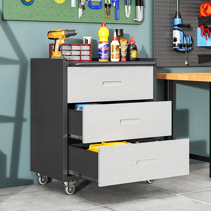 Garage Cabinets,Metal Garage Storage Cabinet with Wheels,Lockable Rolling Tool Cabinet with Drawer and Adjustable Shelves,Heavy Duty Tools Cabinet for Home Office Utility Room,Black/Grey