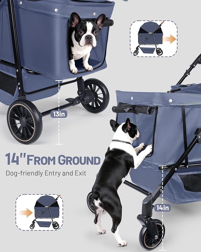 Dog Stroller for Large & Medium Dogs, Pet Stroller for 2 Small Dogs, Extra Large Heavy Duty, Foldable Design, Adjustable Handle, with Pocket, Up to 66lbs(Navy Blue)