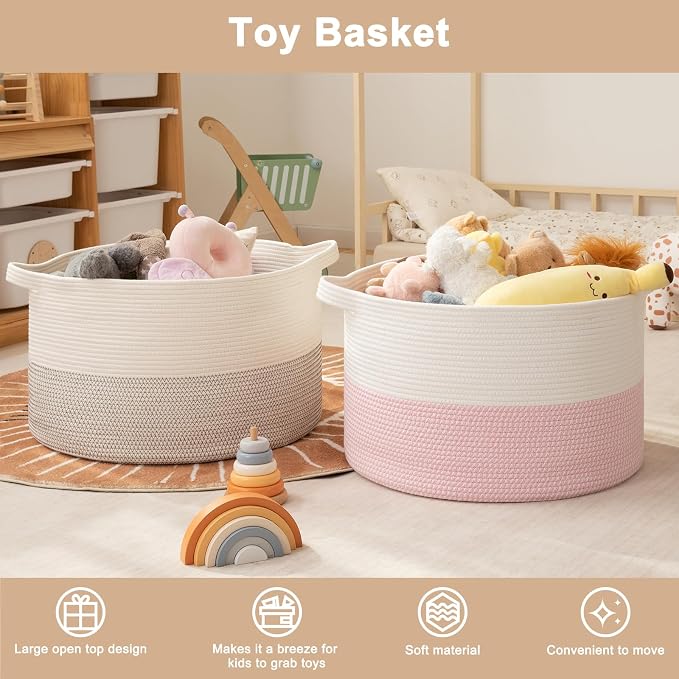 OIAHOMY 115L Extra Large Blanket Basket for Living Room, 23.6" x 15.4" Woven Cotton Rope Laundry Basket for Organizing Pillows, Decorative Stuffed Animal Toy Storage for Nursery, White and Pink