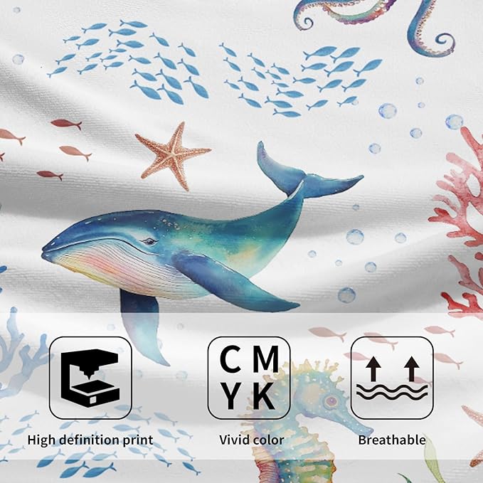 Giwawa Coastal Ocean Hand Towels Set of 2 Seahorse Whales Soft Microfiber Bath Towels Summer Fingertip Towels for Bathroom Kitchen Gym Spa Decor