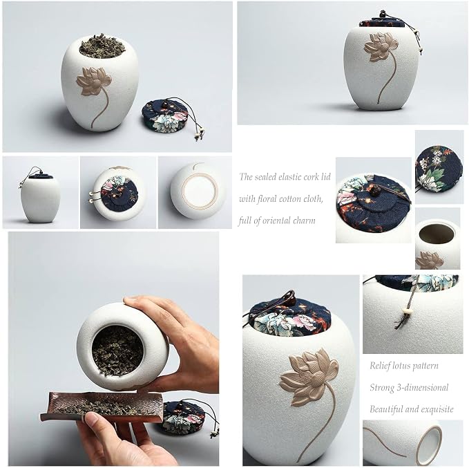 Ceramic Tea Canister with Sealed Lid and Wooden Scoop,Tea Caddy Storage with Airtight Lid,Ceramic Jars,Portable Food Storage Containers Sealed Tea Tins Can,White