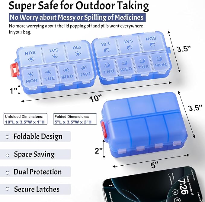NEW Foldable & Double Protection Portable Weekly Pill Organizer 2 Times A Day with Etched Labels, AM PM 7 Day Week Medicine Box, Daily Travel Pill Case Dispenser for Vitamin, Supplement - Clear Blue