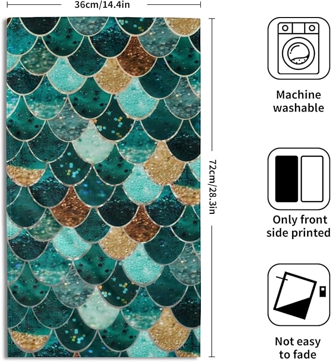Giwawa Mermaid Hand Towels Set of 2, Teal Golden Fish Scale Turquoise Larger Towel, Summer Aqua Gold Brown Bath Tea Bar Fast Drying for Home Bathroom Kitchen Hotel Spa Decor Green Gold Mermaid