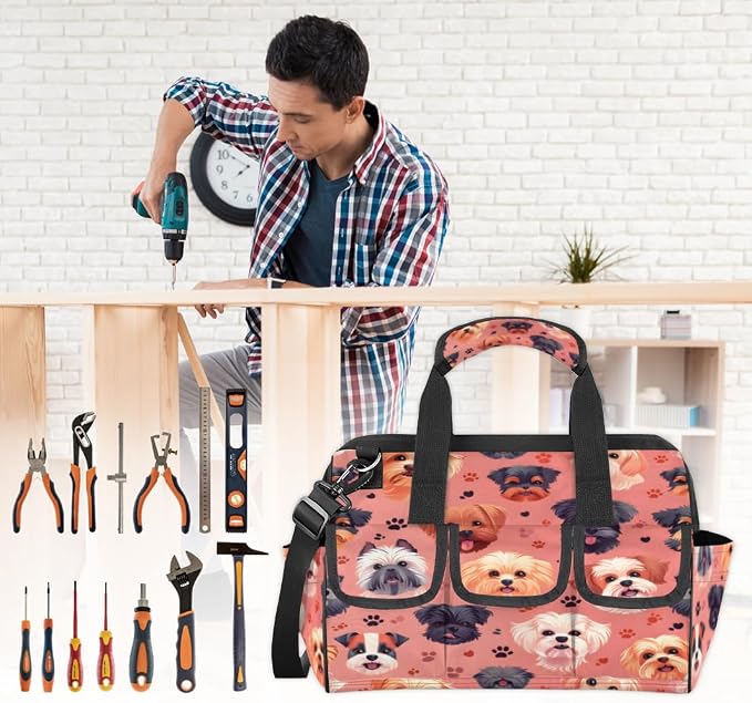Dogs Heavy Duty Tool Bag 14.8 Inch Cute Portable Soft Tool Box Organizer Storage with Adjustable Shoulder Strap