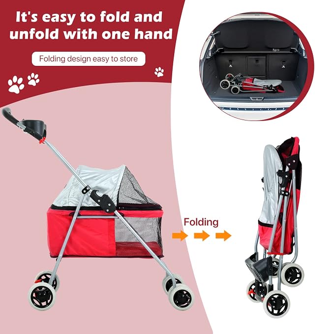 HGS Pet Cat Dog Stroller 4 Wheels Jogger Puppy Travel Carrier Portable Doggie Cage Strolling Cart with Cup Holders, 35Lbs Capacity Folding Waterproof Strolling Cart for Medium Dogs Cats Pet, Red
