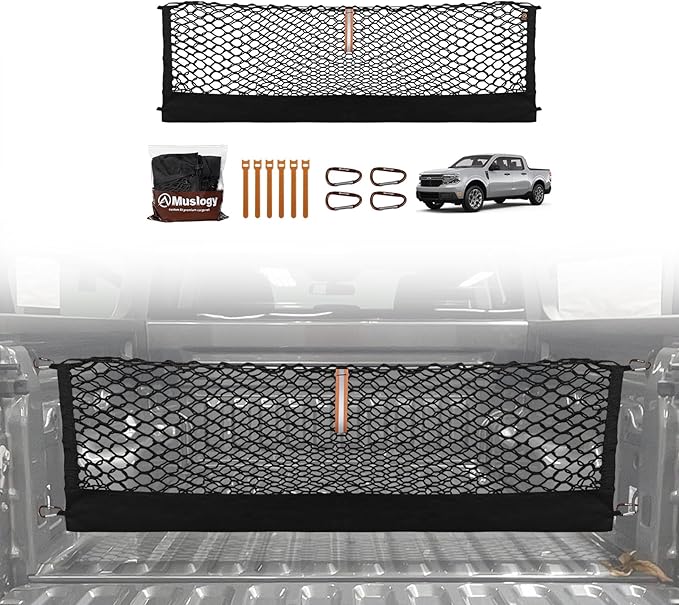 Muslogy Cargo Net for 2022-2025 2026 Ford Maverick Accessories (V2) | Custom Fit, Truck Bed Storage Organizer Net for Pickup Truck Bed Divider, Heavy Duty Carabiners, Night Visible Grab Handle