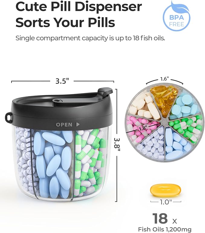 AMOOS Cute Pill Dispenser with Anti-Mix Design, 7-Slot, BPA-Free, Patented | Portable Travel Pill Organizer, Wide Mouth for Easy Access, Pill Bottle Organizer for Vitamins, Fish Oils, Supplements, Black