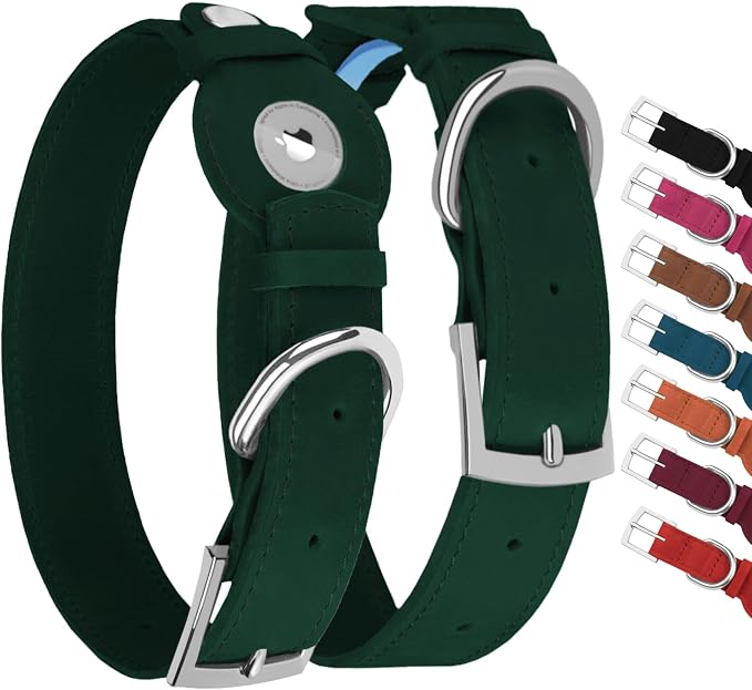 Leather Dog Collar with Airtag Holder - Apple Air Tag Dog Collars - Soft Tracking GPS Pet Collar for Small Medium Large Dogs Breed Puppy (Green, M, 12"-15" Neck Fit)