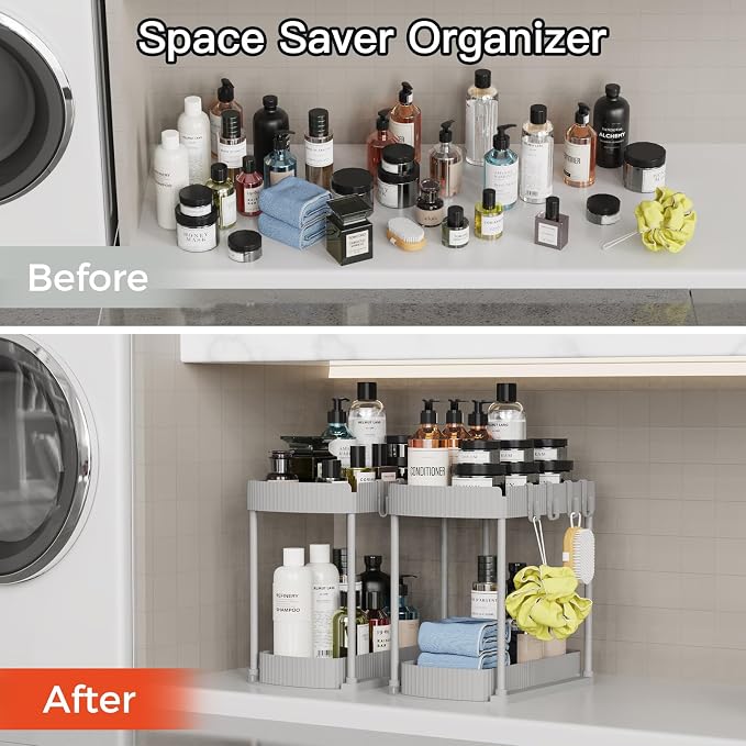 2 Packs Under Sink Pull-Out Storage Organizers, 12.8 Inches, Grey | Multi-Purpose Cabinet Organizers and Storage for Bathroom & Kitchen