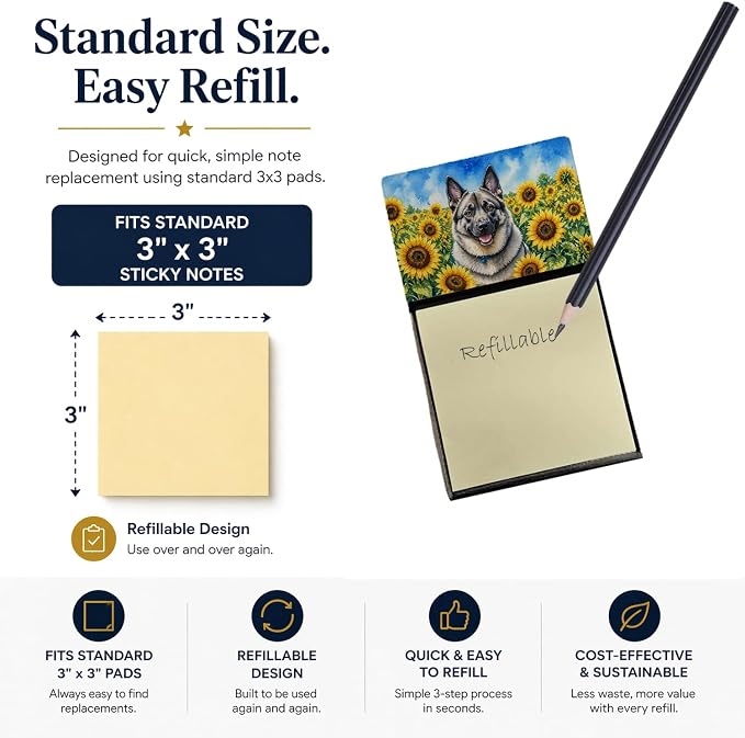 Caroline's Treasures Norwegian Elkhound in Sunflowers Watercolor Sticky Note Holder Refillable Dispenser Desk Accessory 3x3 Pad Gift