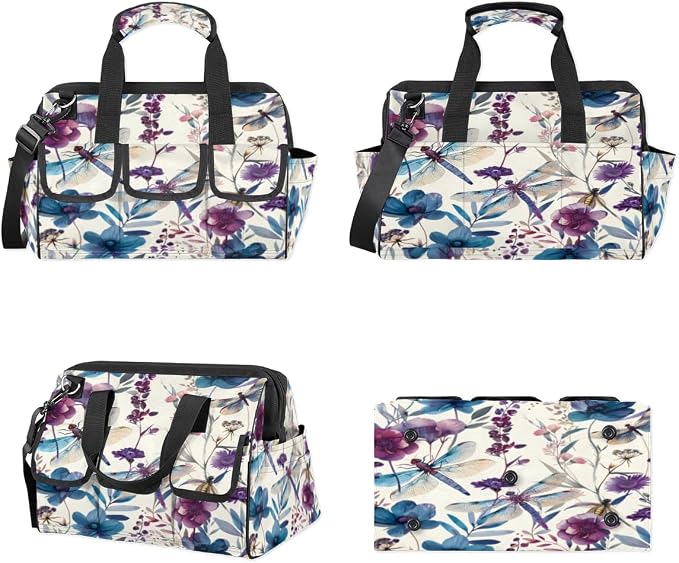 Dragonflies Flower Heavy Duty Tool Bag 14.8 Inch Dragonfly Floral Portable Soft Tool Box Organizer Storage with Adjustable Shoulder Strap