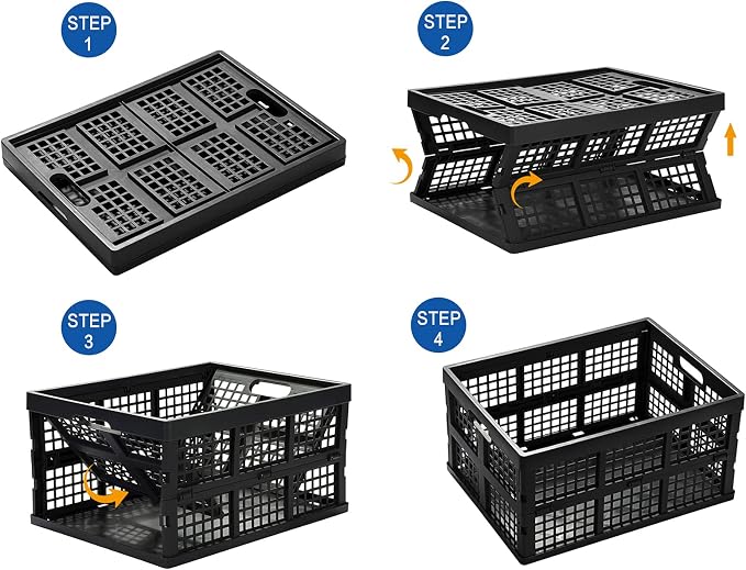 Eslite 34L Large Plastic Folding Storage Crates,Collapsible Crates for Storage,Pack of 3 (Black)