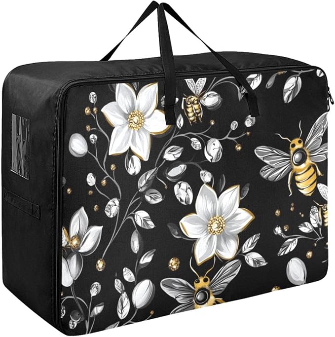Comforter Storage Bags Large Folding Blanket Organizer Bag with Strong Handles Clear Window Closet Storage Containers for Clothes King Queen Pillows Bedding Quilt Duvet Diamonds Bees Flower