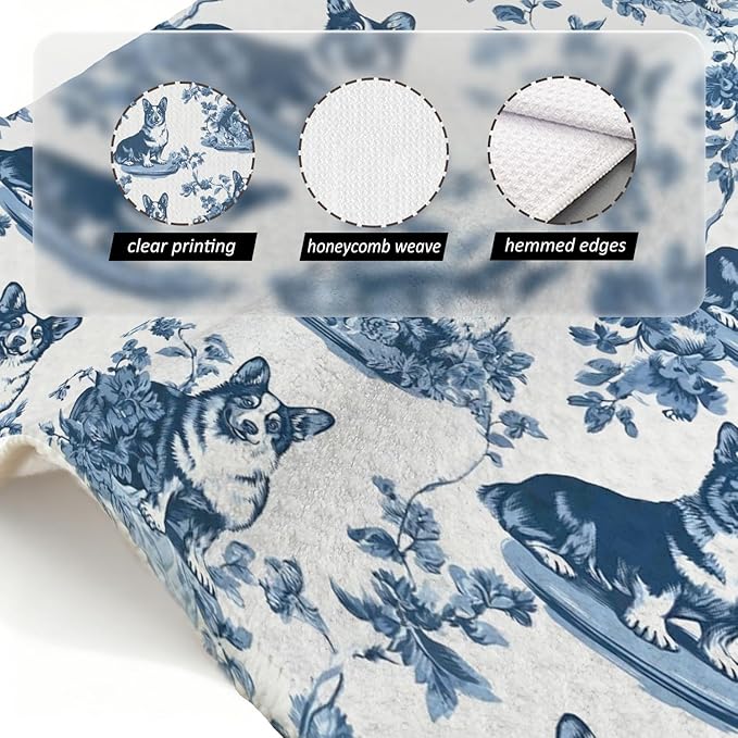 Corgi Kitchen Dish Towels,Blue and White Floral Dog Towel Dish Tea Towels, Chinoiserie Decor for Kitchen Bathroom,Corgi Gifts for Dog Lover Mom Dad,16x24 Inch