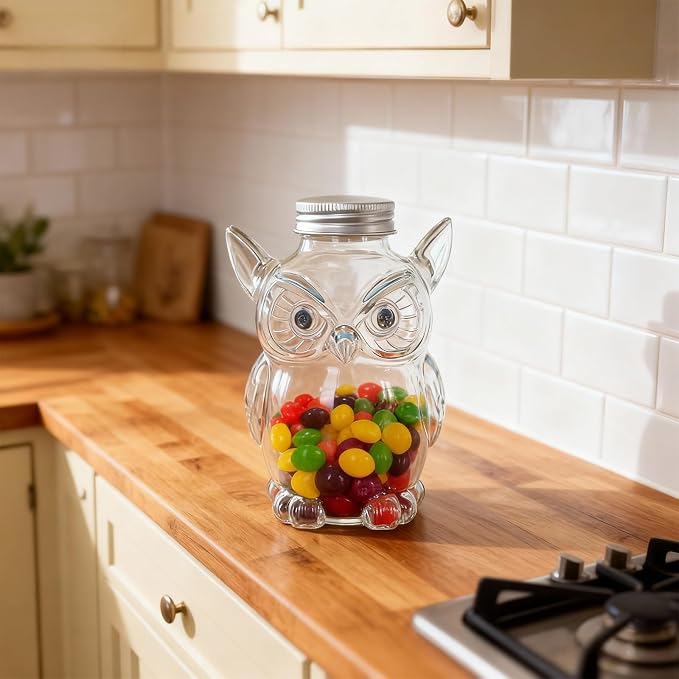 Glass Treat Container Leakproof Can Candy Jar, Owl | for Pet Snacks Countertops Organizers Dog Themed Housewarming Gift