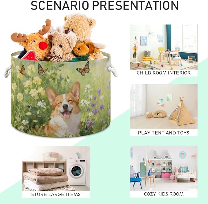 Joyful Corgi Dog Collapsible Round Storage Basket with Handles | Butterfly Floral Large Laundry Baskets Hamper, Clothes Organizer Bin for Nursery Bedroom Living Room Decor, 20x 20x 14 Inches
