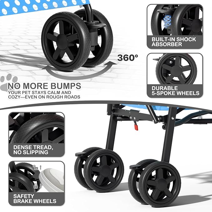 MoNiBloom Pet Stroller for Small/Medium Dogs and Cats, Sky Blue Polka Dots | Foladble 4 Wheels Easy-Fold Puppy Cage Jogger Stroller with Sun Cover, Pad and Rear Storage Bag, Breathable and Visible Mesh