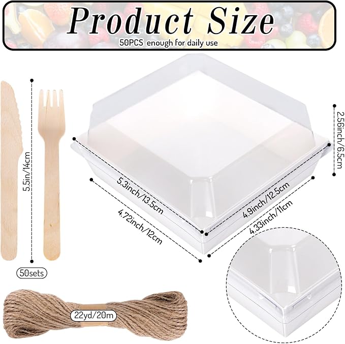 Whaline 50Pcs 4.7 x 4.3 In Small Charcuterie Boxes with Clear Lids White Mini Dessert Boxes with Forks and Knives Disposable Food Containers for Wedding Birthday Sandwich Cookie Sushi Cake Slice Fruit