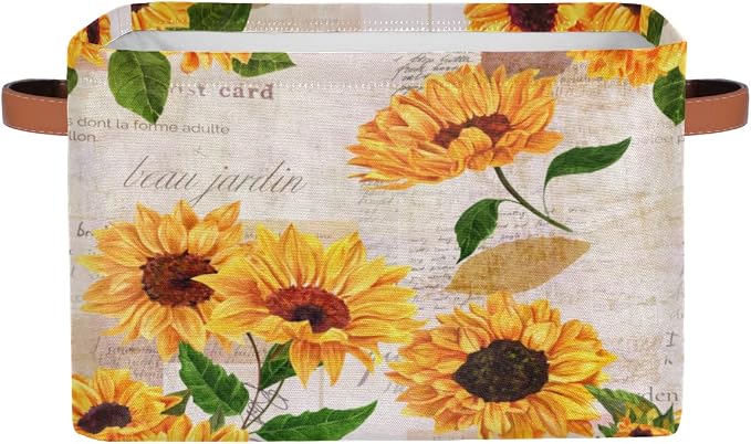Storage Basket Flower Floral Sunflower, Large Foldable Organizer Storage Bins for Shelves, Sturdy Canvas Cubes Storage Boxes with Handles for Toys Closet Nursery Office Living Room 15" x 11" x 9.5"