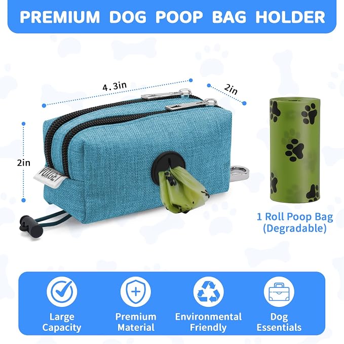 Dog Poop Bag Holder with Treat Pouch, 2 Zipper Pockets & Leash Clip | Waste Bag Dispenser with 1 Roll Poop Bags, Quick Access Treat Storage, Hands-Free Design for Dog Walking, Training & Travel