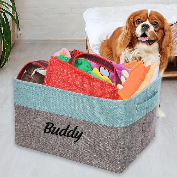 Ulico Personalized Dog Toy Storage Basket, Collapsible Pet Storage Organizer Box with Handles, Custom Dog Toy Bin with Pet's Name Cat Toy Storage Gift for Dog Lovers（Grey Blue）