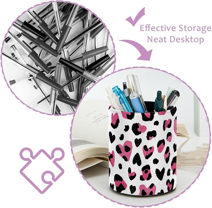 Faux Leather Pen Holder for Desk, Pencil Organizer Leopard Pen Cup Desk Decor Makeup Brush Holder Storage for Office Home