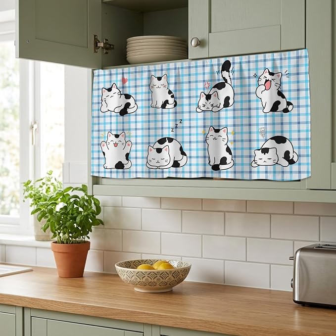 Cute Cat Sink Skirt 11"Wx13"L,Dustproof Under Sink Curtain with Self Adhesive Tape,Modern Playful Pet Cats Blue Purple Plaid Cabinet Curtain Cover for Bathroom Vanity,RV,Kitchen Cabinet Storage Shelf