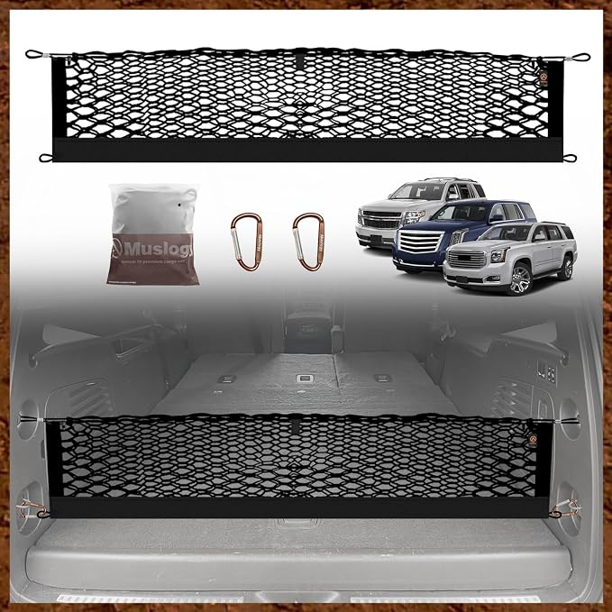 Muslogy Cargo Net for 2015-2020 Chevy Tahoe, GMC Yukon, Cadillac Escalade | Custom Fit, Trunk Storage Organizer Net for SUV Sedan Van Divider, with Heavy Duty Carabiners, Night Visible Grab Handle