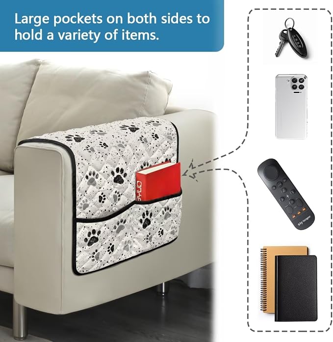 Dog Paw Chair Arm Protectors with Two Pockets Stretch Couch Armrest Cover,Arm Rest Covers for Sofa,Dustproof Soft Armchair Covers for Arms Wasahble Sofa Arm Slipcover