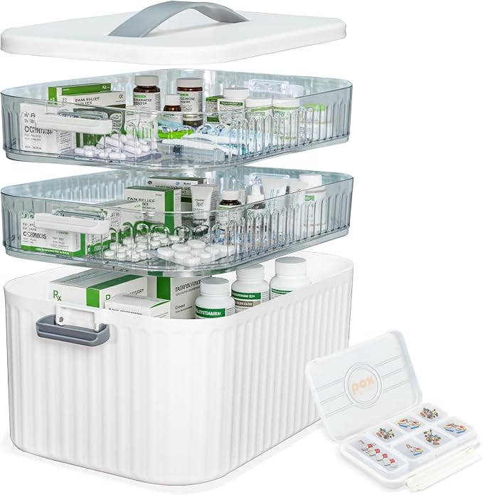 Multi-Tier Medicine Storage Box with Handle | Portable First Aid Organizer for Home, Office & Travel | Large Pill Storage Cabinet with Bonus 7-Day Pill Case (3-Tier & 4-Tier Variants) (3-Tier)