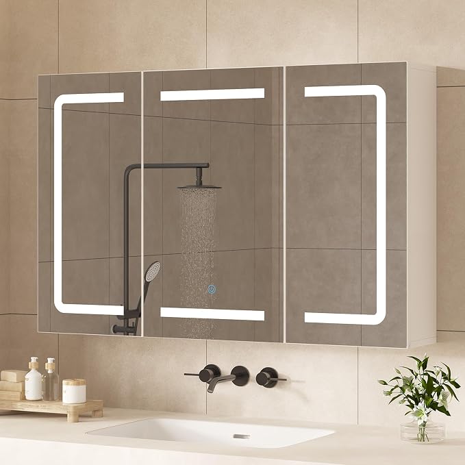 Medicine Cabinet Organizer with Mirror, Lighted Bathroom Medicine Cabinet with Storage, 3 Doors Bathroom Wall Cabinet with LED Lights, Adjustable Shelves & Outlets, 35.4'' x 23.6'', White