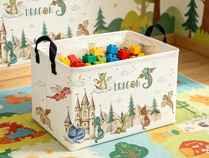 Rectangle Kids Baskets Dinosaur Basket Cute Storage Bin Boys Box for Room Decor Gift Basket(Castle dinosaur)