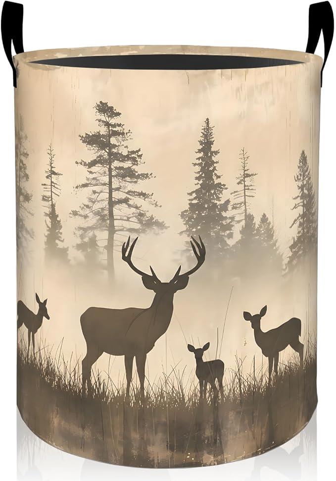 Vintage Deer Laundry Basket, Nature Wildlife Foldable Oxford Cloth, Waterproof Dirty Clothes Hamper with Handles, Clothing Storage Bin Toy Organizer for Bedroom Dorm Bathroom, 19.7"x15.7"