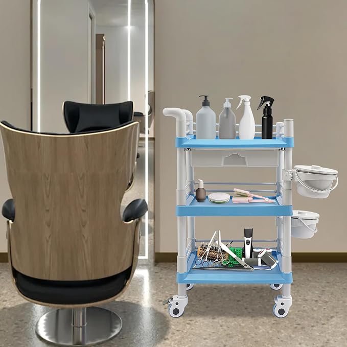 Mobile Salon Storage Cart with Wheel and Drawer, Portable 3-Tier Professional Trolleys, 176 Lbs Load Utility Tool, for Barber Stores, Spas, Homes, Beauty Store, Pet Shops (Blue)