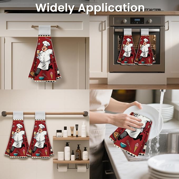 CUTHOLLOW Cartoon Chefs Hanging Kitchen Towels with Loop, Set of 2 - Soft & Super Absorbent Microfiber Decorative Hanging Dish & Hand Towel, Tea, Coffee Towel for Kitchen Bathroom Oven Handle